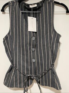 Mus & Bombon Striped Button-Front Waist Tie Vest - Charcoal with Cream Stripes
